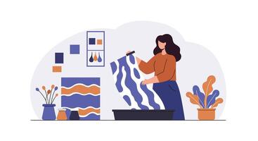 Woman creating art on fabric in flat illustration style vector