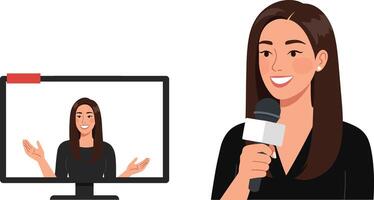 Engaging presenter transitioning from screen to microphone in flat art vector