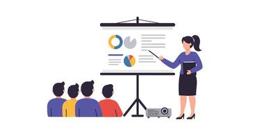 Business presentation scene with speaker and audience in flat art vector