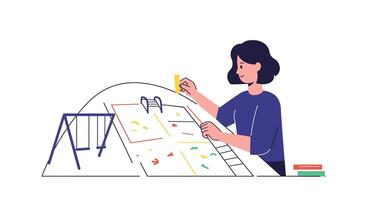 Woman designing playground layout using colorful markers in flat art vector