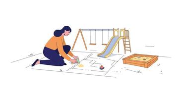 Woman playing with sand in a playground setting, flat design art vector