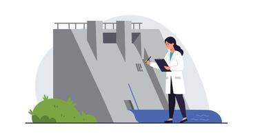 Engineer inspecting a dam in flat digital style illustration vector