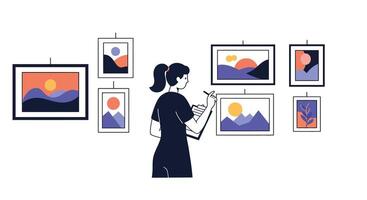 Artist creating a gallery display with minimalistic art style showcasing colorful landscapes illustration vector