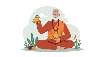 Wise monk holding bells in a serene setting, flat art vector