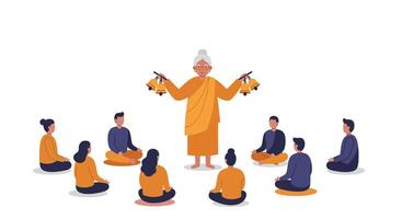 Elderly monk teaching meditation techniques in a minimal and colorful illustration vector