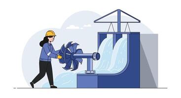 Worker operating a water turbine in flat art style with flowing water illustration vector