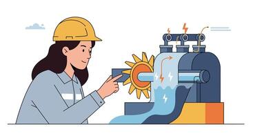 Worker engaging with machine in flat design style art vector