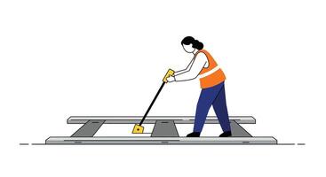 Worker using a tool to align train tracks in minimal art vector