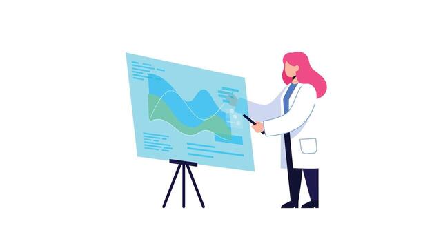 Scientist presenting data on a chart with vibrant colors in flat art vector