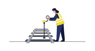 Worker inspecting railway tracks with measuring device in flat art vector