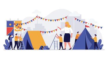 Team of people setting up colorful tents in a flat illustration vector
