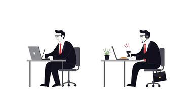 Office worker transitioning from focused task to relaxed break in flat art vector