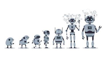 Robot evolution from simple shapes to advanced humanoid design in flat art vector