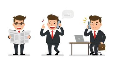 Businessman transitioning from reading to talking on the phone in flat illustration vector