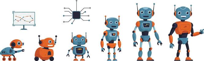 Robot evolution sequence in flat design showcasing progress from simple to advanced illustration vector
