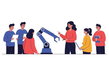 Robot arm demonstration with people discussing in flat illustration vector