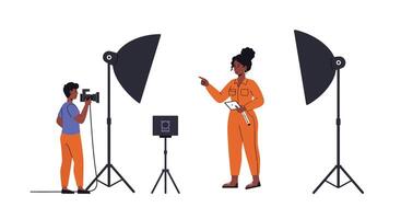 Young photographer capturing image of model during photo shoot in flat art vector