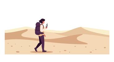 Hiker navigating desert terrain in flat design art vector