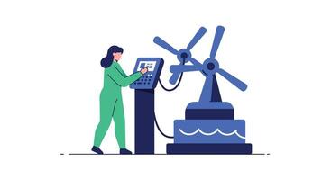 Woman operating a robotic machine in a modern factory flat illustration vector