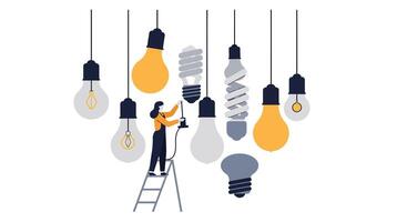 Light bulb maintenance illustration featuring a worker on a ladder in flat art vector