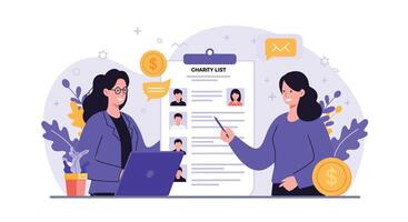 Two women collaborating on a project in a flat, minimal illustration vector