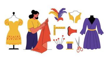 Seamstress working with fabric and designs in minimal and vibrant art vector