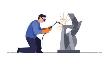 Welder in Action Using Welding Tool for Metal Sculpture Creation in Flat Art vector