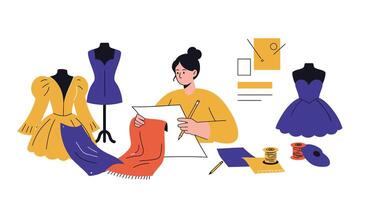 Fashion designer creating dress patterns in flat and minimal art vector