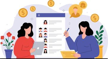 Two women collaborating on a project with colorful charts in flat art vector