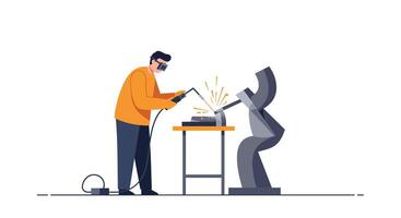 Welder using tools to create sculpture in flat art illustration vector