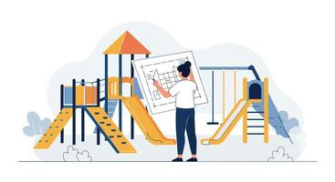 Playground design concept with a child creating plans in flat art vector