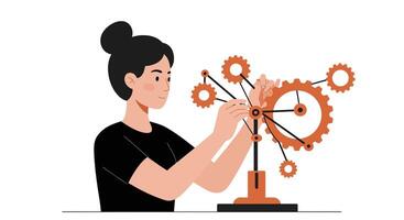 Woman adjusting mechanical gears in a minimal flat design illustration vector