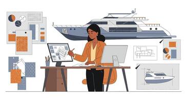 Designer working on yacht plans in modern minimal style art vector