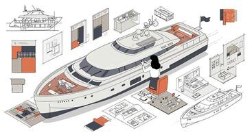 Yacht design process illustrated in a flat art style featuring multiple frames vector