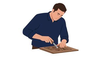 Man meticulously carving intricate patterns in wood, flat illustration vector