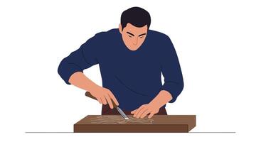 Man skillfully carving wood with a chisel in flat art vector