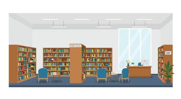 Cozy library interior design featuring bookshelves and study areas in flat art vector