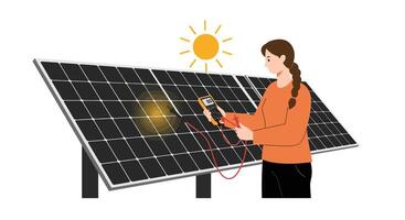 Woman measuring solar panel output with a multimeter in flat art vector