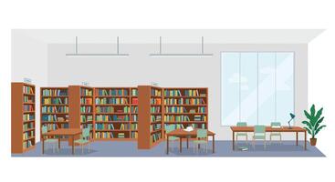 Library interior with book shelves and study areas in minimal flat art vector