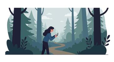 Woman using smartphone while walking through a flat forest landscape art vector