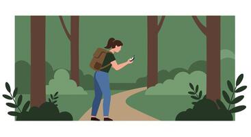 Person using smartphone while hiking in a green forest flat art vector