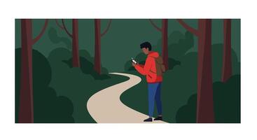 Person in a forest checking phone while wearing red jacket minimalist art vector