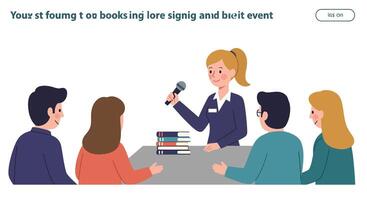 Engaging book signing event with attendees in flat illustration vector