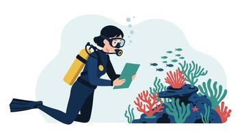 Diver exploring coral reef ecosystem in minimal illustration style vector