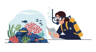Diver observing coral reef while reading underwater guide in flat art vector