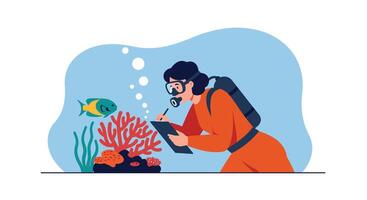 Diver observing coral reef with fish in minimal flat design art vector