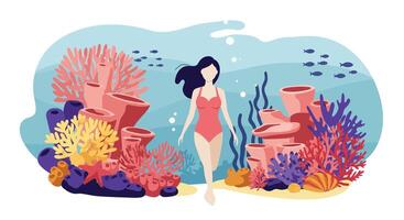Underwater scene with a woman swimming among colorful coral reefs in flat art vector