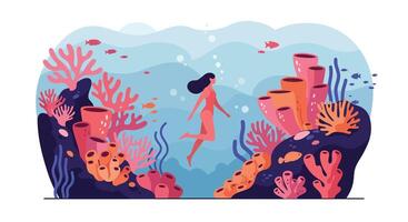 Underwater scene with coral reefs and a swimmer in flat art vector