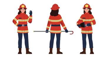 Firefighter character showcasing different poses in flat art style vector