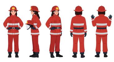 Firefighter character design in flat style showcasing multiple poses illustration vector